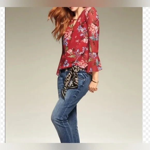 Sold~Cabi Devoted Blouse Red Floral Bell Sleeves Multi Color Layered Top, Size L - Picture 3 of 9